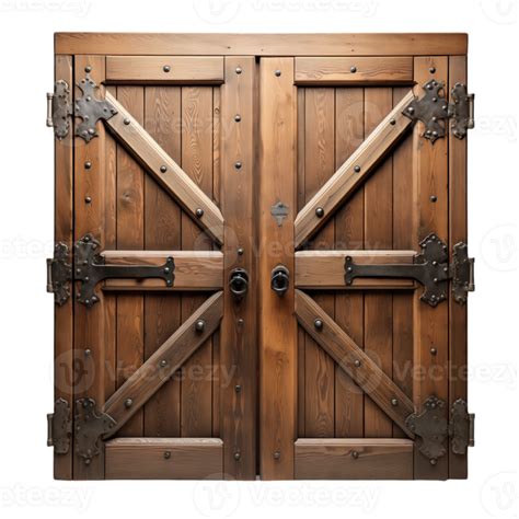 Double Wooden Door With Iron Hinges And Cross Shaped Beams Png