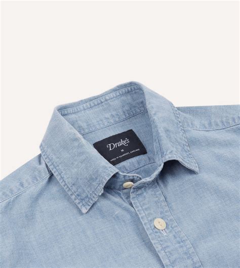 Blue Cotton Chambray Two Pocket Work Shirt Drakes