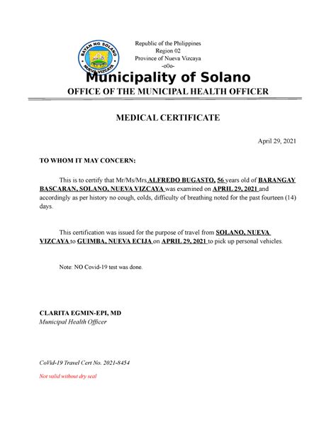 Medical Certificate Republic Of The Philippines Region Province Of