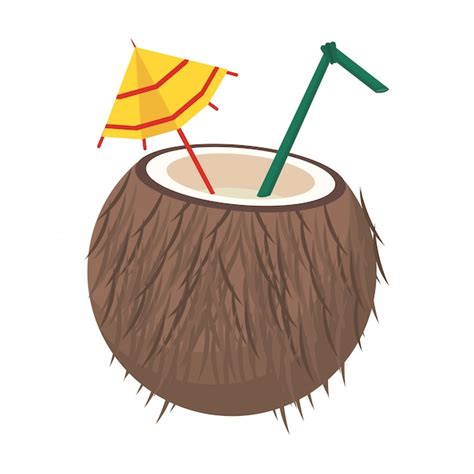 Premium Vector Coconut Cocktail With Straw And Umbrella Cartoon