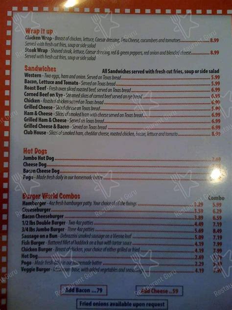 Menu at Burger World restaurant, North Bay, Algonquin Ave