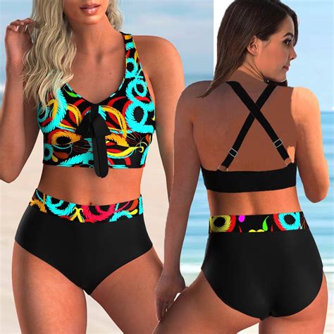 Fashion Summer Bikini Women S Element Print Two Piece Split Bikini Set Shopee Malaysia