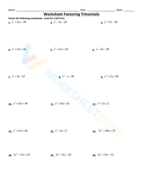 Grade Factoring Trinomials Worksheets Worksheets Library