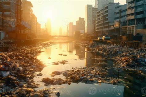 A polluted river flowing through a cityscape, shedding light on the