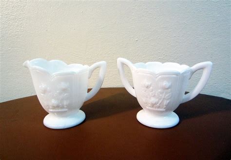 Vintage Milk Glass Sugar And Creamer Set Raised Roses Imperial Haute Juice