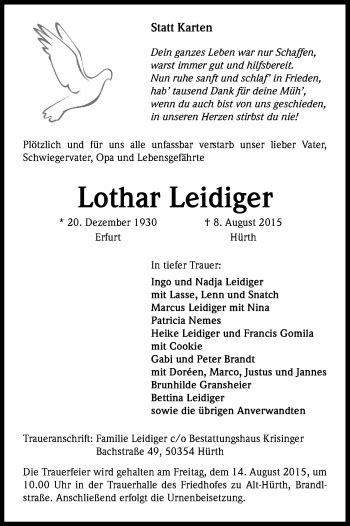 Traueranzeigen Von Lothar Leidiger Wirtrauern