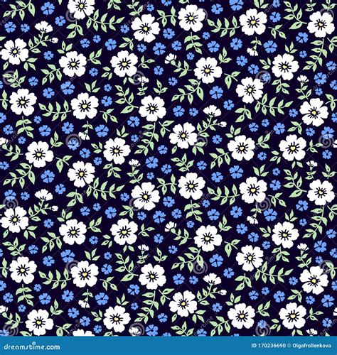 Seamless Ditsy Floral Pattern In Vector Small White Flowers On A Blue