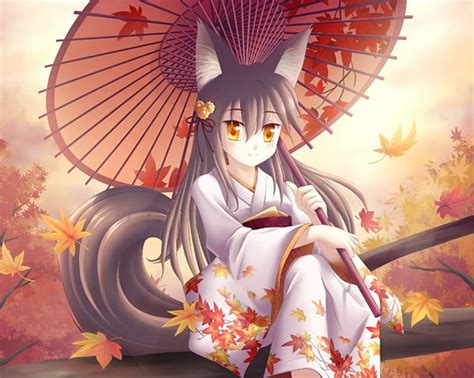 1920x1080px 1080p Free Download Autumn Fox Nekomimi Female Kitsune Neko Umbrella Kimono