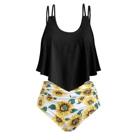 Large Size Ruffled High Waist Sunflower Print Bikini Women Bikinis Set