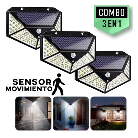 Kit 3 Lamparas Solar Con Sensor De Movimiento Luz Reflector 100 Leds