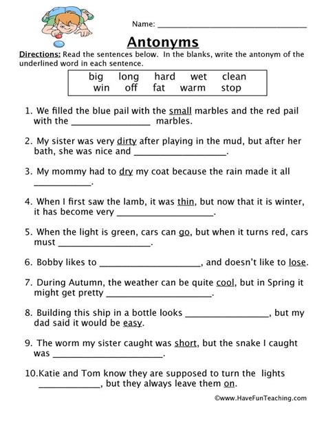 Grade 1 Antonyms Worksheets