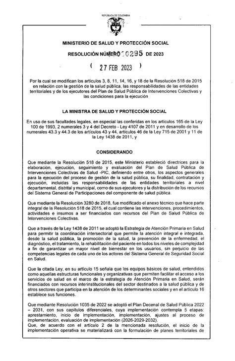 Resoluci N No De Rep Blica De Colombia Ministerio De Salud