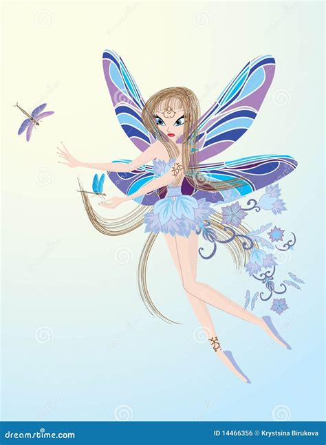 Little Flying Fairy Playing With Dragonfly Stock Vector Illustration