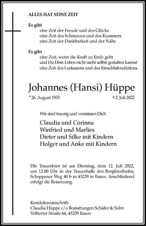 Traueranzeigen von Johannes Hüppe Trauer in NRW de