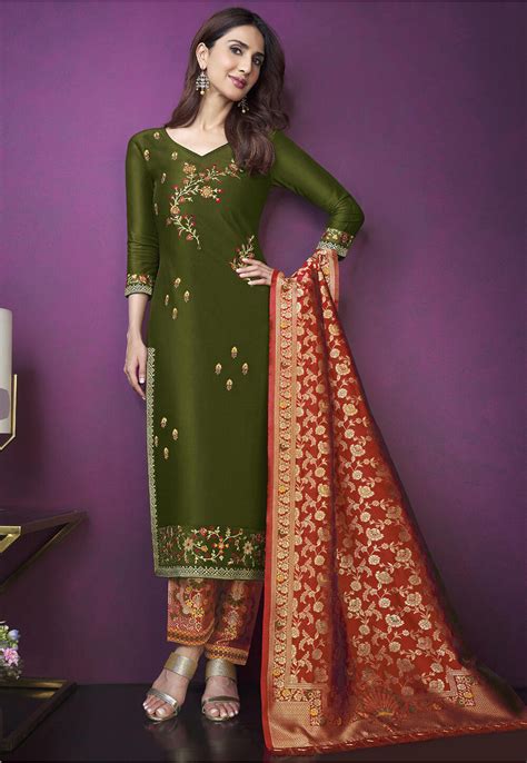 Embroidered Art Silk Pakistani Suit In Olive Green Kvg