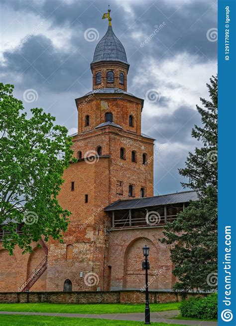 Red Brick Towers And Walls Of The Kremlin Fortress In Veliky Nov Stock