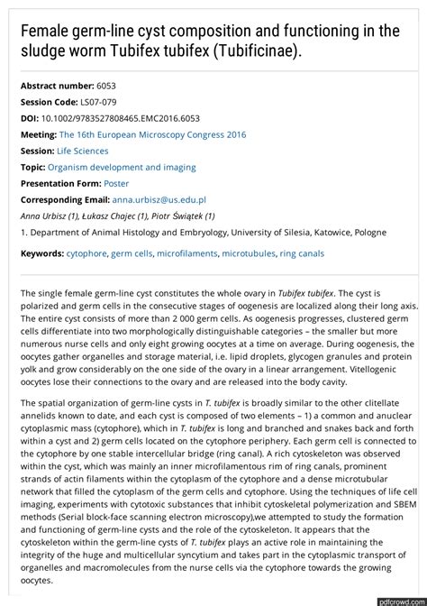 Pdf Female Germ Line Cyst Composition And Functioning In The Sludge Worm Tubifex Tubifex