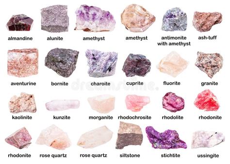 Various Raw Minerals With Names Isolated On White Stock Image Image