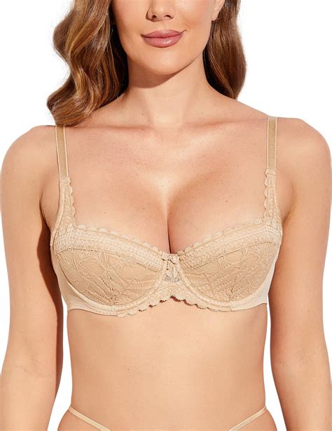 Deyllo Lace Underwire Balconette Bra 12 Cup Sheer Unlined Demi Non Padded Bra See Throughbeige