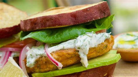 Tzatziki Salmon Burgers With Sweet Potato Buns Wild Planet Foods Recipe