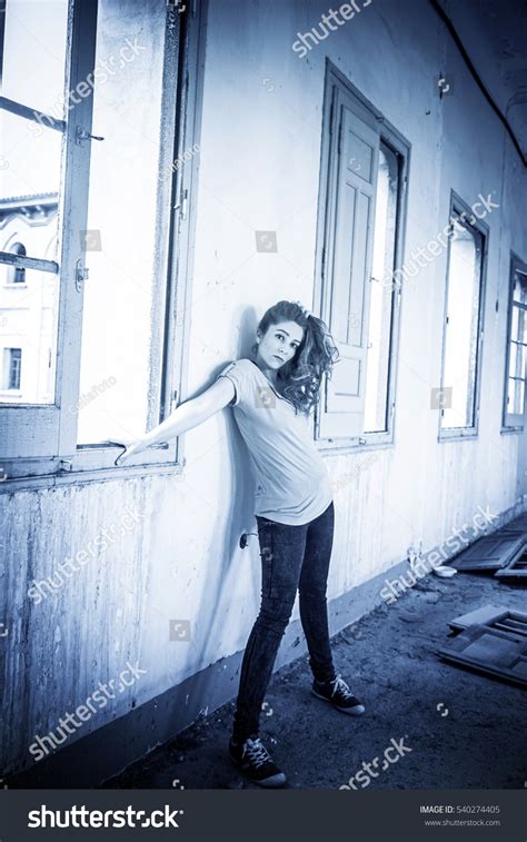 Sexy Blonde Girl Abandoned House Inside Stock Photo