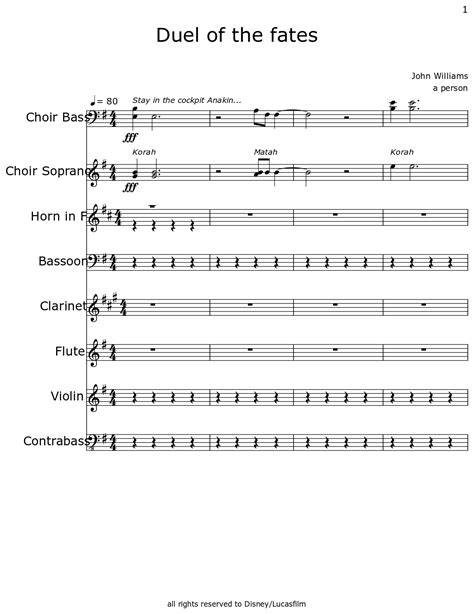 Duel Of The Fates Sheet Music For Choir Tenor Horn In F Bassoon Clarinet Flute Violin