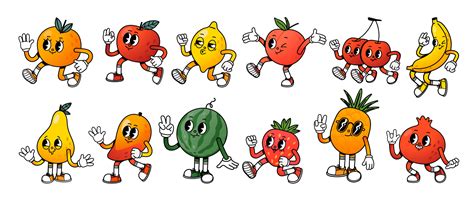 Cartoon Mascot Fruit Retro Fruits Character With Legs And Hands Cute