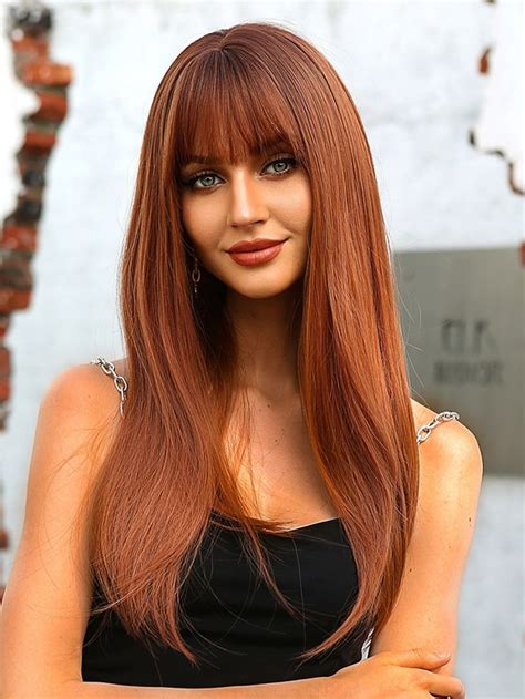 Orange Collar Synthetic Fiber Bangs Wig Embellished Wigs And Accs Red Hair With Bangs Long Red