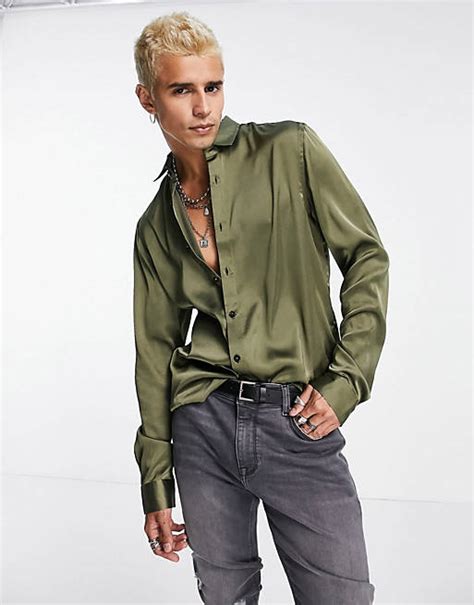 Asos Design Hemd Aus Satin In Olive Asos