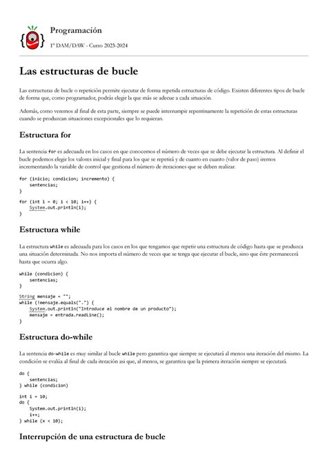 Apuntes estructuras bucle java Programación 1º DAM DAW Curso 2023