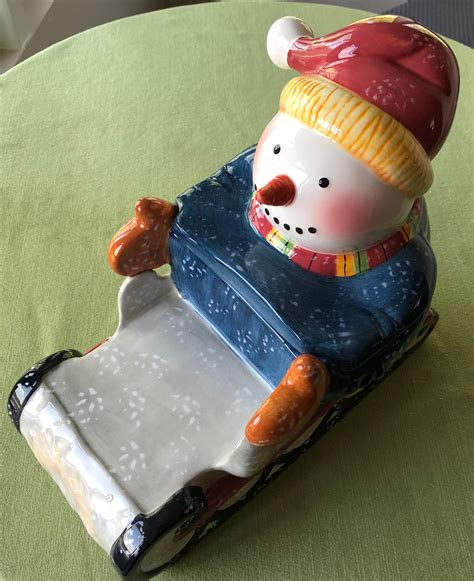 Snowman On Sled Ceramic Cookie Jar Etsy