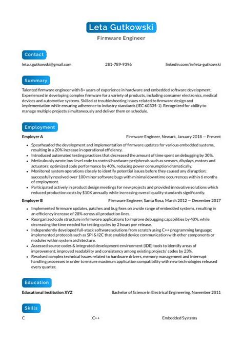 Firmware Engineer Resume (CV) Example and Writing Guide