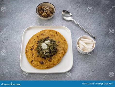 Cornmeal Breads And Mustard Leaves Curry Famous Indian Food Specially Prepared In Winters