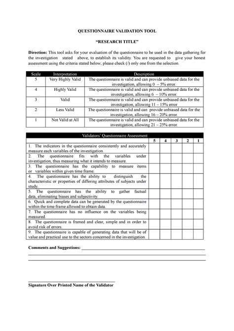 Questionnaire Validation Tool Questionnaire Validation Tool “research Title” Direction This