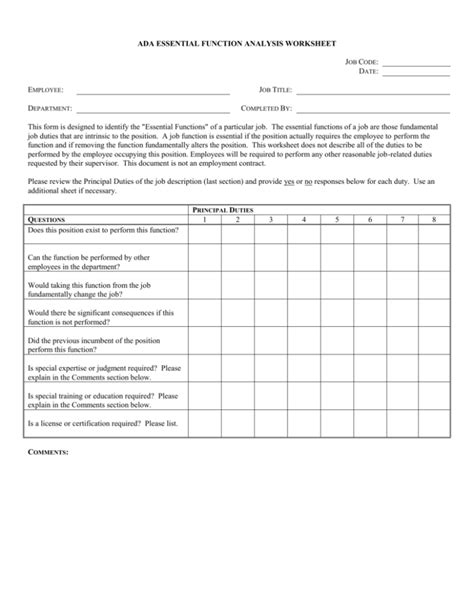 ADA ESSENTIAL FUNCTION ANALYSIS WORKSHEET