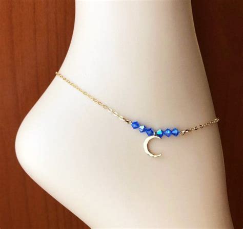 Gold Moon Anklet Swarovski Sapphire Crystal Anklet Crescent Etsy