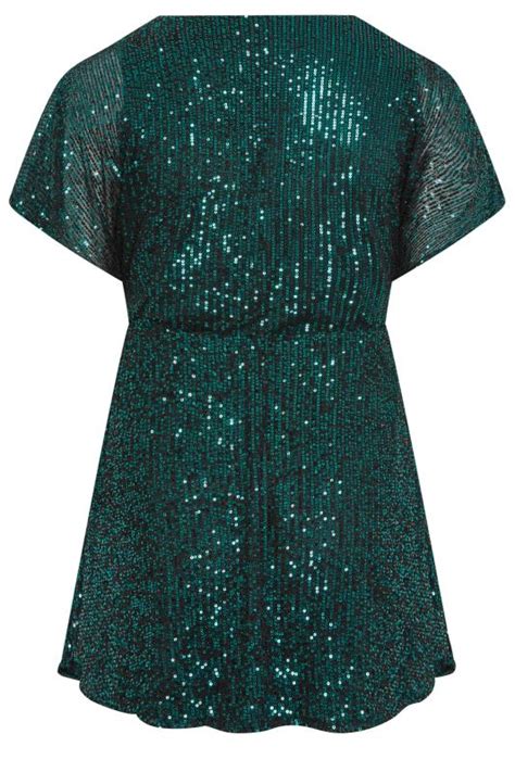 Yours London Plus Size Dark Green Sequin Peplum Top Yours Clothing