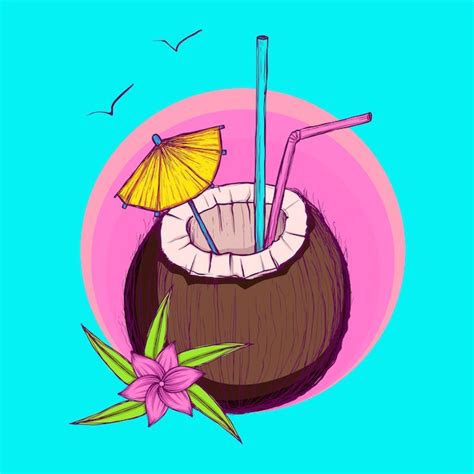 Cocktail De Noix De Coco Exotique Dessin Main Lumineux Avec Fleur