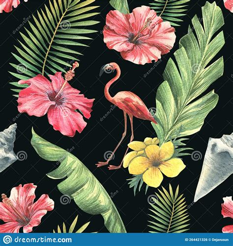 Tropical Leaves Hibiscus Flowers Seashell And Pink Flamingo