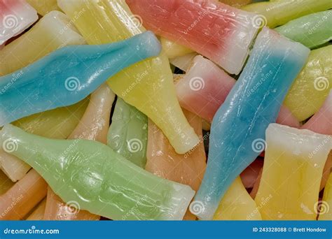 Wax Bottles Candy Scattered With Assorted Colors And Flavors Stock