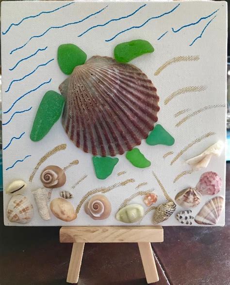 Sea Glass Sea Turtle On Canvas With Easel Mosaic Art Coastal Etsy Turtle Crafts Sea