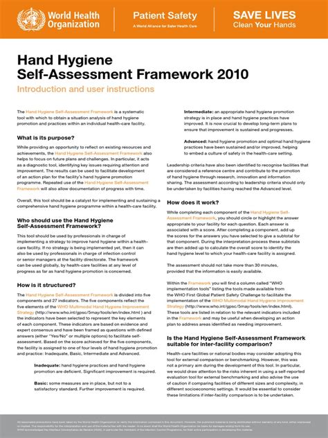 Hand Hygiene Self Assessment Framework Hand Washing Hygiene