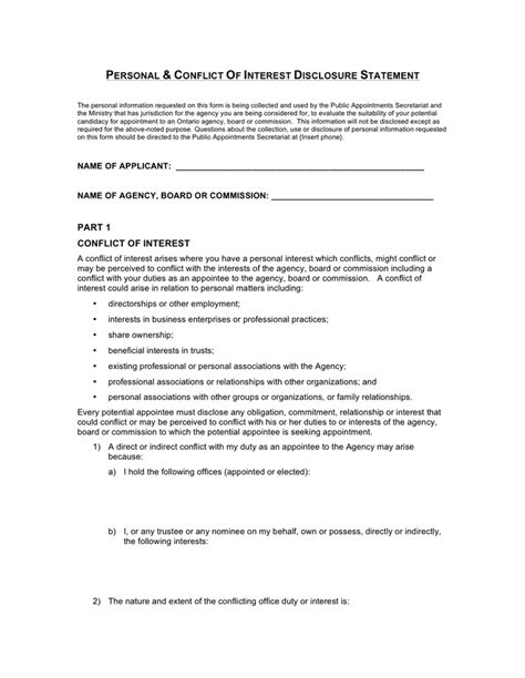 Personal Conflict Of Interest Disclosure Statement Template In Word