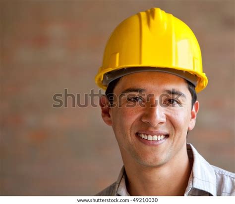 Male Construction Worker Wearing Helmet Smiling Stock Photo 49210030