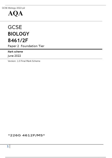 Aqa Gcse Biology Paper 1 And 2 Higher Tier June 2022 Question Paper And