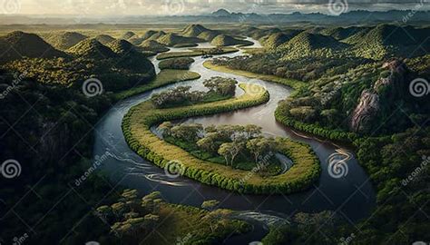 Drone View High Of Amazon River Flowing Through The Forest Abundant