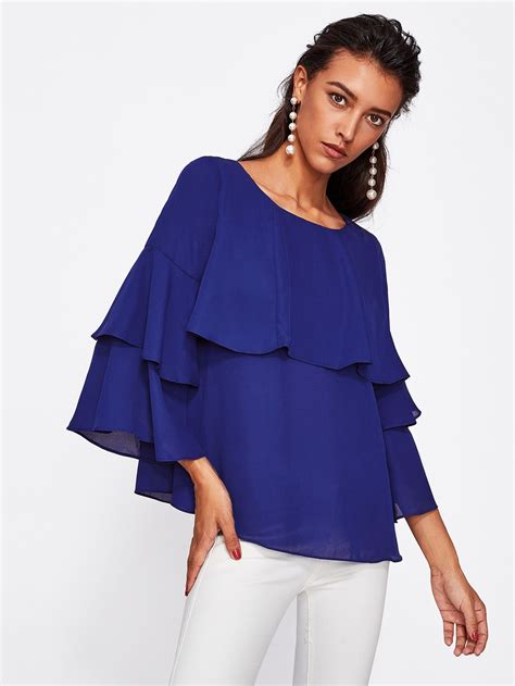 Shein Tiered Fluted Sleeve Flounce Blouse Blouse Fancy Blouses