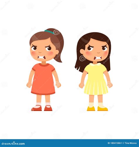 Angry Little Girls Flat Vector Illustration Furious Children Quarrel