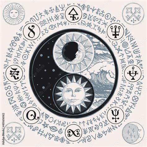 Vector Yin Yang Symbol With Sun Moon Stars Sea Waves And Magic Signs