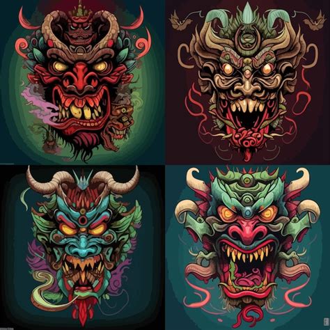 Four Different Faces With Horns And Teeth Premium Ai Generated Vector